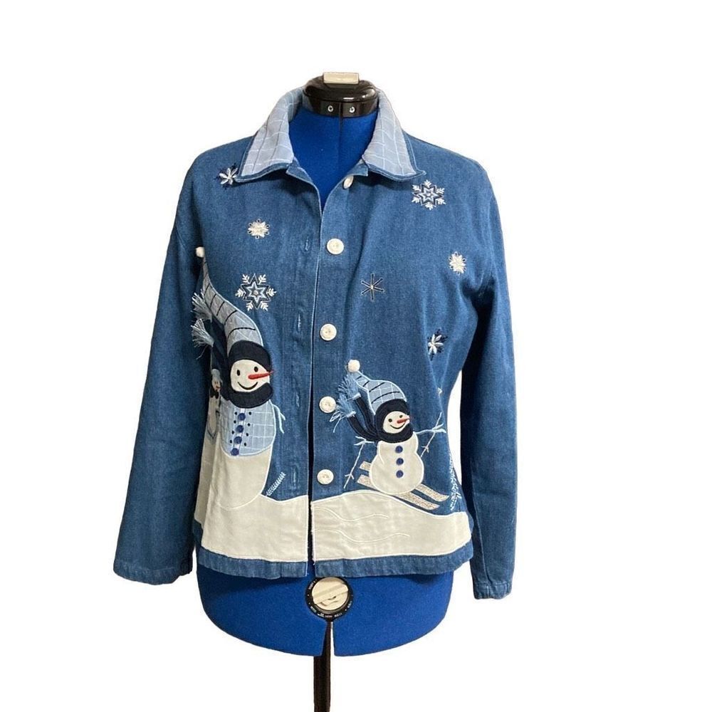 TANTRUMS Women’s Vintage Denim Winter Snowman Jacket Blue White Size Large